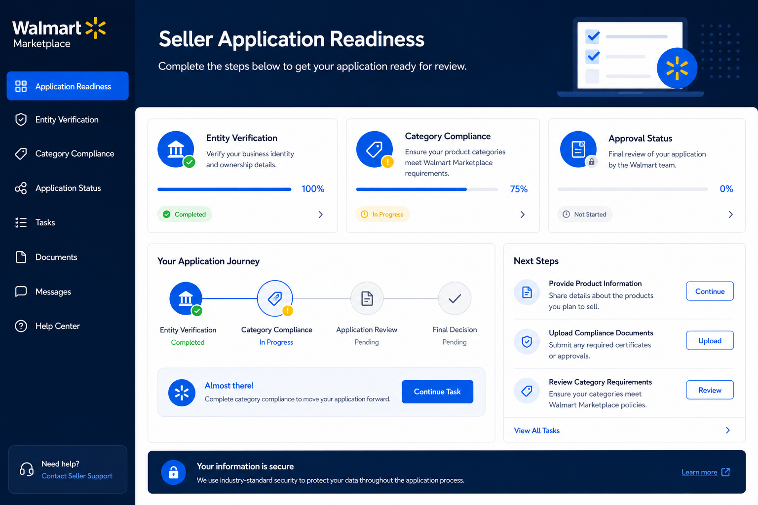 Walmart seller application readiness dashboard showing entity verification and approval workflow